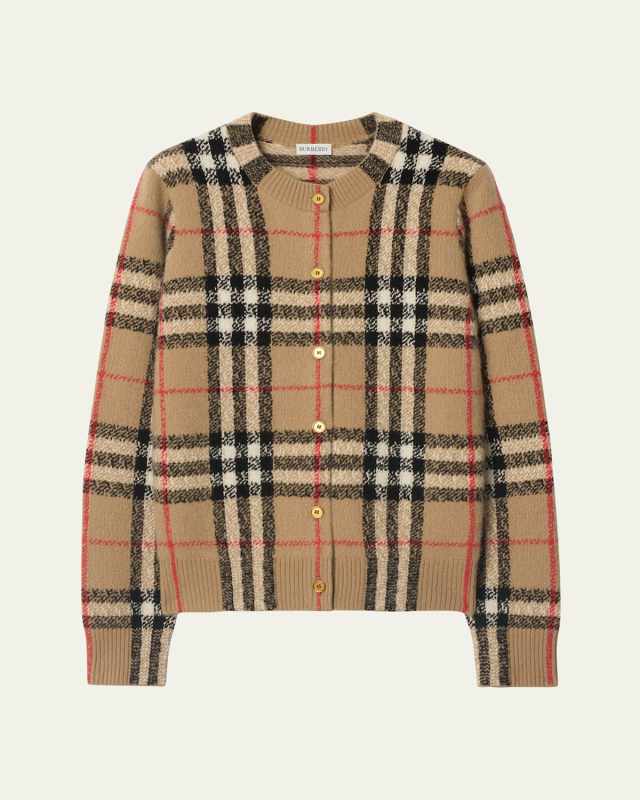 Clara Check Cashmere Crewneck Cardigan